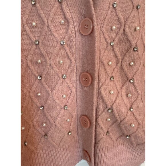 Express Cardigan Small Pink Pearl Rhinestone Embellished Knit Long Sleeved - Picture 5 of 7